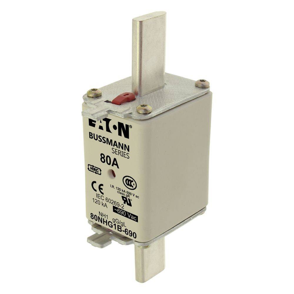 Eaton Bussmann Sicherungsserie, 80A, IEC-zertifiziert, 690VAC, Modell 80NHG1B-690, mit Klingenklemmen für elektrische Sicherheitsanwendungen.