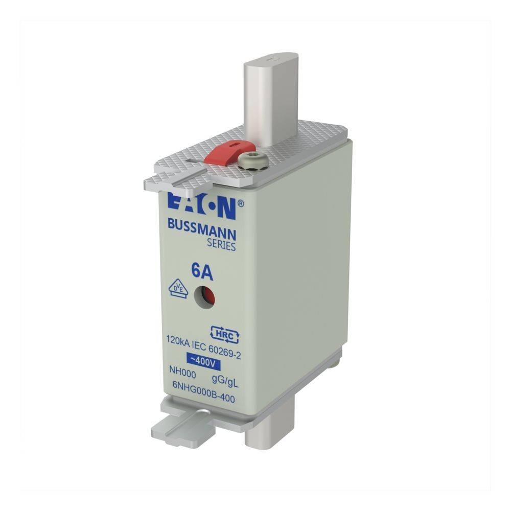 Eaton Bussmann Serie 6A Sicherung, Größe NH000, 400V Nennspannung, mit grauem Gehäuse und rotem Indikator-Tab oben, verwendet für elektrischen Schutz.