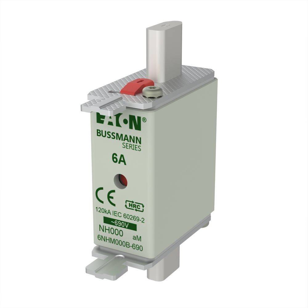 Eaton Bussmann Reihe 6A Sicherung mit grauem Gehäuse, rotem Indikator und auf der Vorderseite aufgedruckten Spezifikationen, verwendet für elektrischen Schutz.