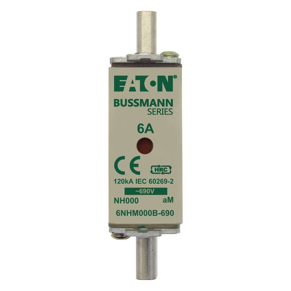 Ein weißer Eaton Bussmann Sicherungseinsatz mit '6A' Beschriftung für 120kA IEC 60269-2, ausgelegt für 690V, Größe NH000.