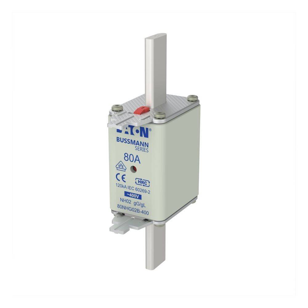 Ein Bussmann-Sicherungselement der Serie 80A mit einer 400V-Bewertung, dargestellt mit weißem Gehäuse und metallischen Anschlüssen, verwendet zur Stromkreisabsicherung.