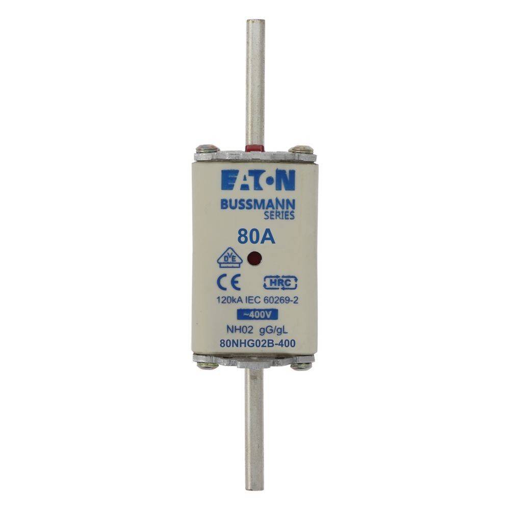 Eaton Bussmann Sicherung der Reihe 80A, 120kA, 400V, Größe NH02, verwendet für Stromkreisschutz, mit CE- und IEC-Zertifizierungen.