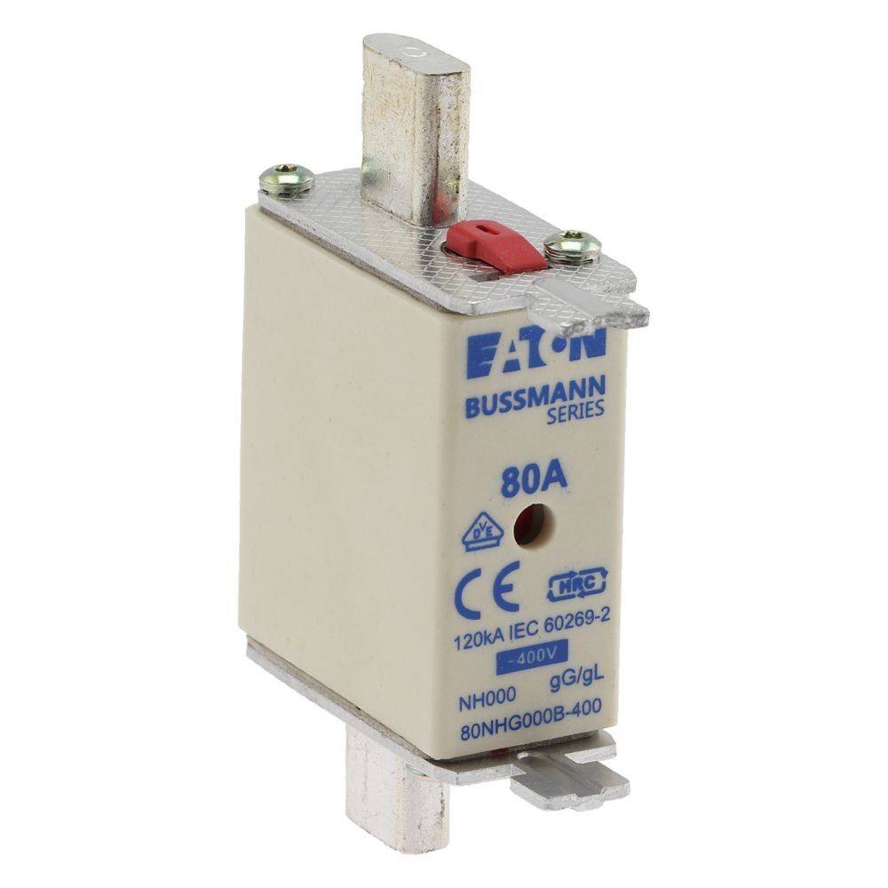 Eaton Bussmann 80A Keramik-Sicherung mit Metallkontakten oben und unten, gekennzeichnet mit CE und 120kA IEC 60269-2, 400V.