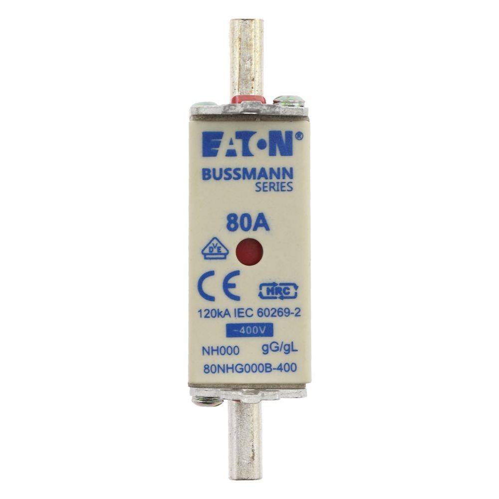 Sicherung mit Beschriftung: 'Eaton Bussmann Serie, 80A, 120kA IEC 60269-2, -400V, NH000, gG/gL, 80NHG000B-400'.