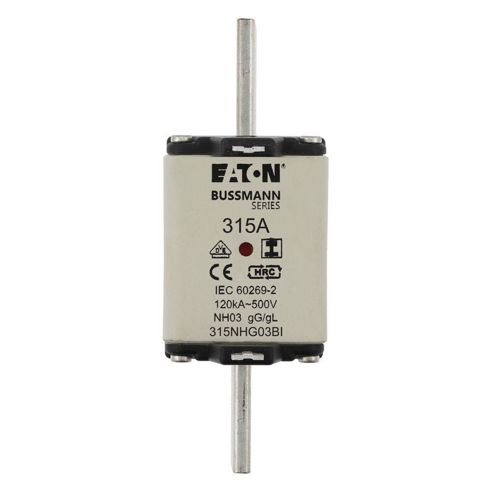 Eaton Bussmann Serie 315A Sicherung NH00 120kA-500V, IEC 60269-2. Sicherheitssymbole und Produktdetails auf einem rechteckigen Gehäuse dargestellt.