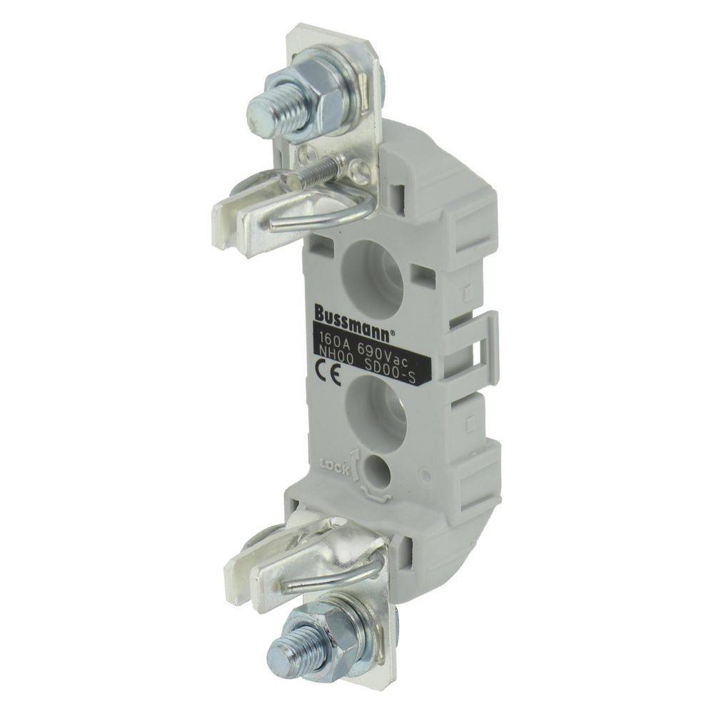 Ein Bussmann Sicherungshalter für NH00-Sicherungen, ausgelegt für 160A und 690V AC, mit Metallanschlüssen und einem grauen Kunststoffgehäuse, vertikal dargestellt.