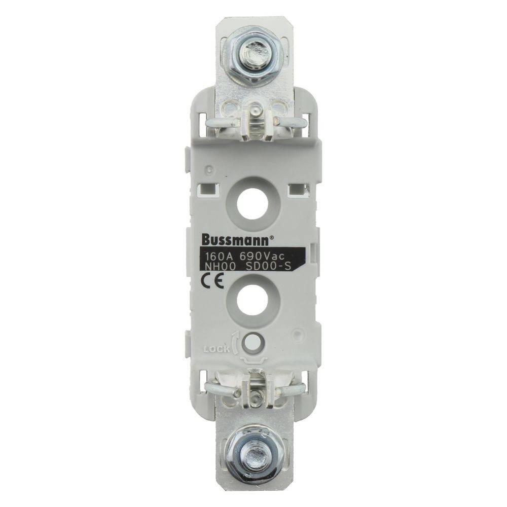Ein grauer Bussmann NH00 SD00-S Sicherungshalter, ausgelegt für 160A und 690V Anwendungen, mit Anschlüssen oben und unten.