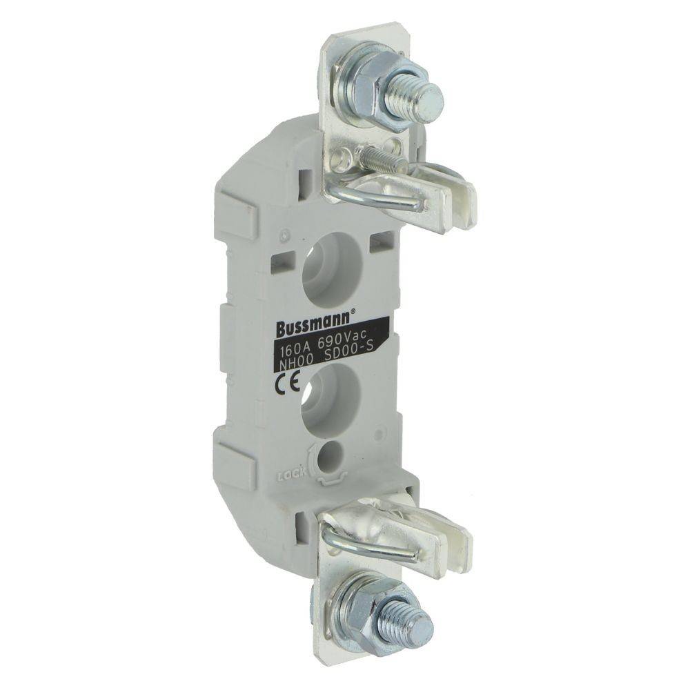 Ein grauer elektrischer Sicherungshalter, beschriftet mit 'Bussmann 160A 690Vac NH00 SD00-S', mit Metallverbindern, verwendet zum Halten von Sicherungen in Stromkreisen.