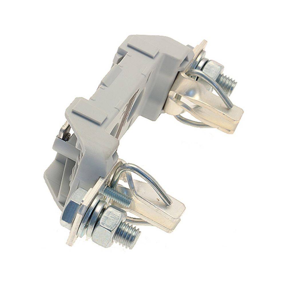 Graue mechanische Komponente mit Metallklemmen und Schrauben, möglicherweise ein Klemmenblock oder Verbinder, der in elektrischen Anwendungen verwendet wird.
