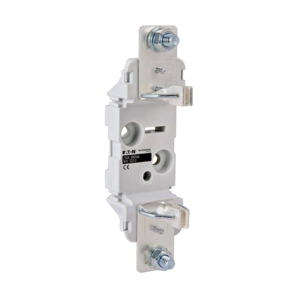 Ein weißer elektronischer Sicherungshalter mit Metallkontakten an beiden Enden, beschriftet mit 'EATON' und '00CZ00' und einer CE-Kennzeichnung.