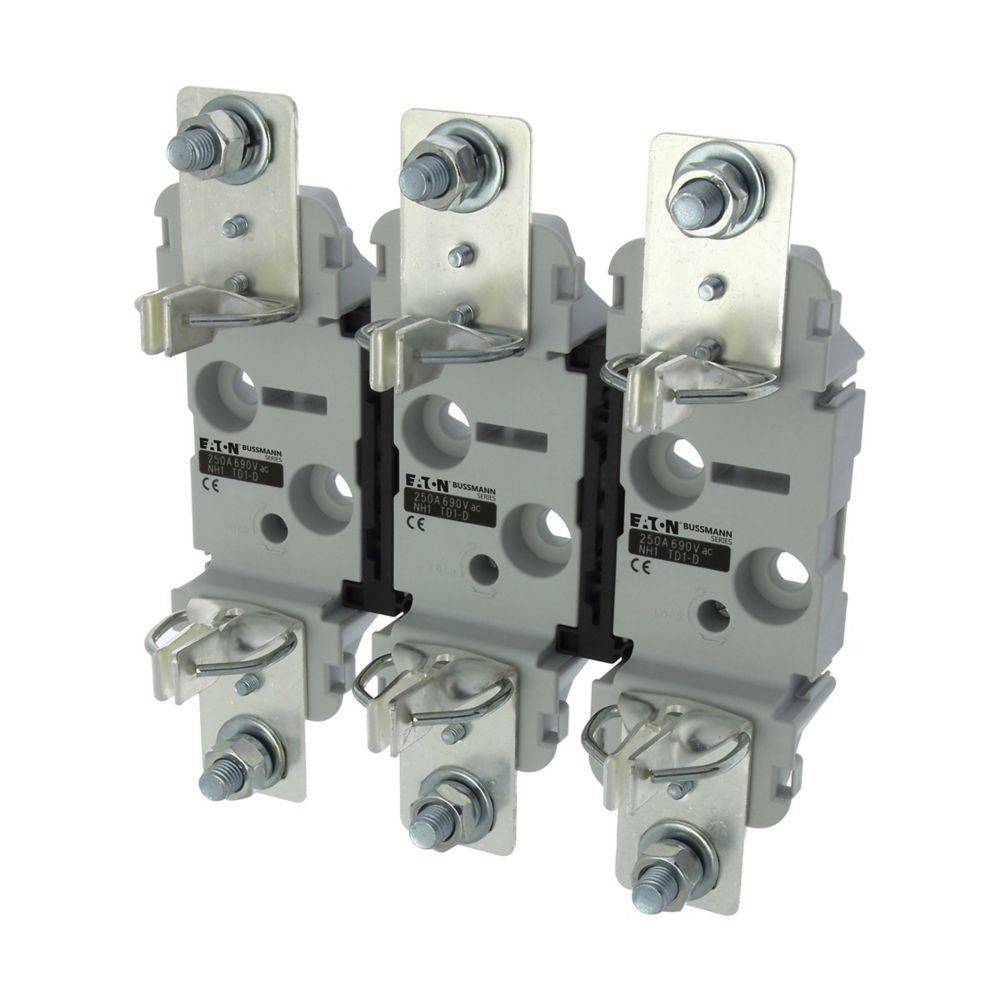 Drei Eaton-Sicherungshalter in einer Reihe, Metallkomponenten mit Bolzen befestigt, geeignet für elektrische Anwendungen.
