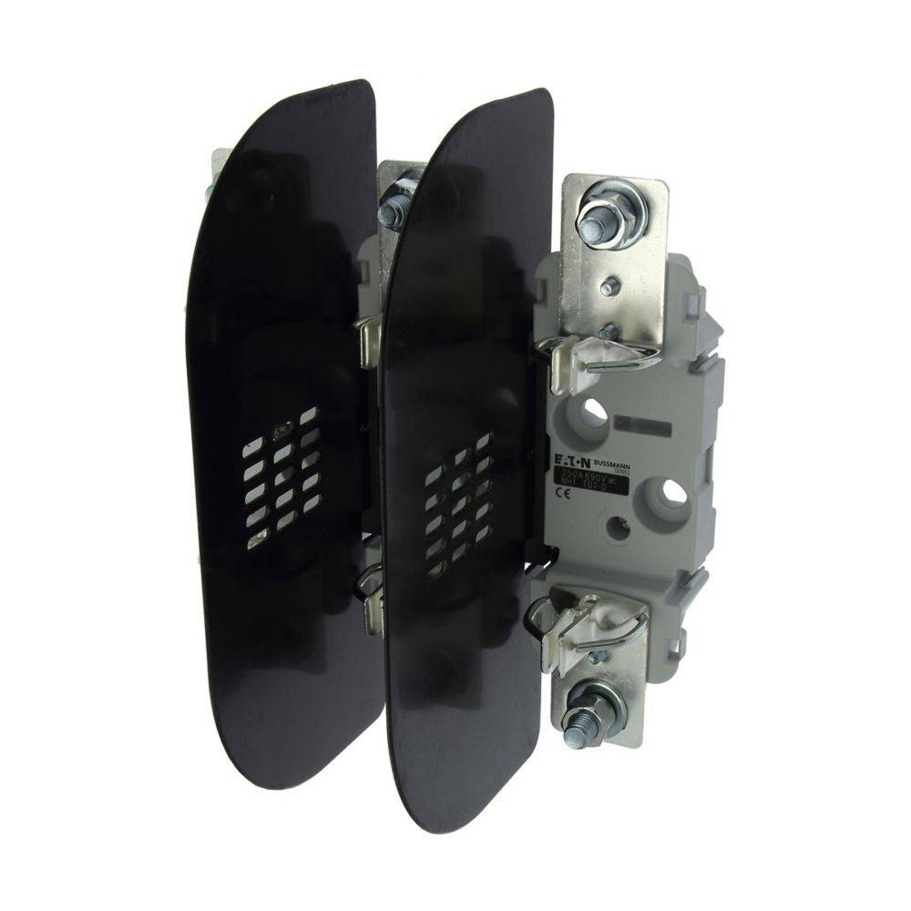 Eine schwarze elektrische Komponente mit zwei Schutzschutzschilden ist auf einem Metallhalter montiert, der mehrere Schrauben und Anschlusspunkte aufweist.