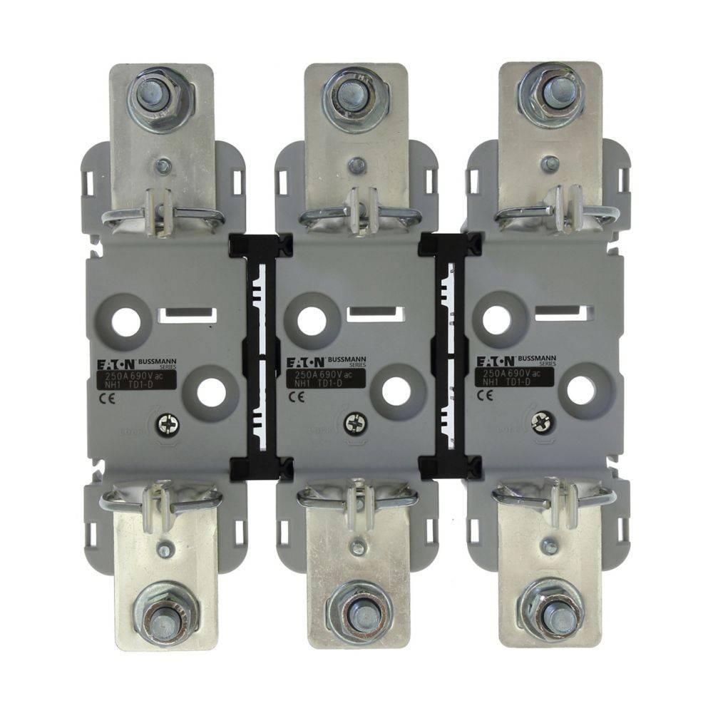 Drei Eaton Bussmann Sicherungshalter, jeweils mit Befestigungsschrauben und elektrischen Kontakten, in einer Reihe für elektrische Verbindungen angeordnet.