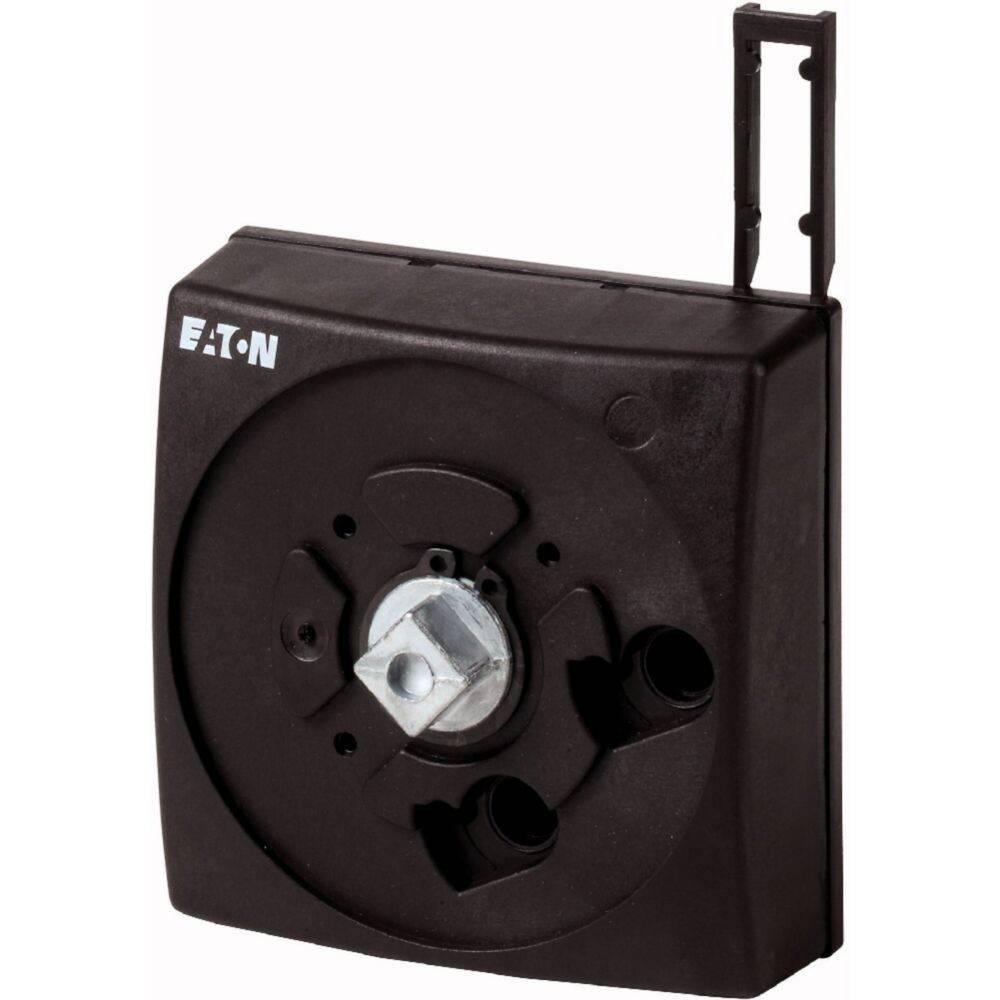 Eine schwarze Eaton Drehschalter-Montagebefestigung mit einer zentralen Metallachse und seitlichen Kerben, verwendet in elektrischen Anwendungen.