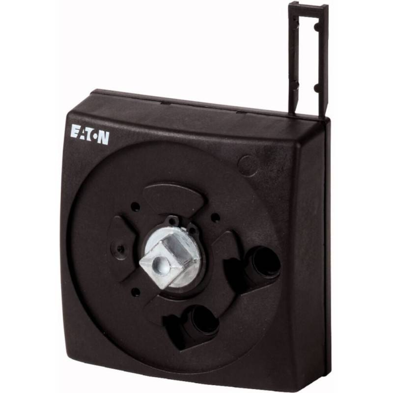 Eine schwarze, quadratische Eaton-Elektrokomponente mit Befestigungsbügeln.
