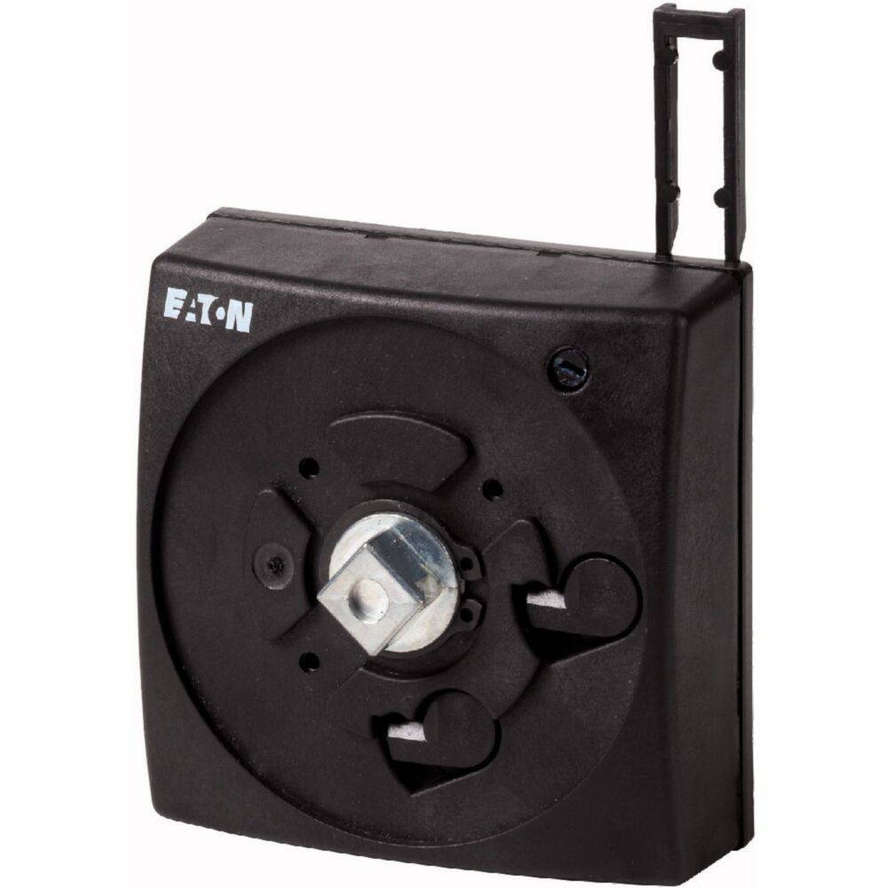 Eine schwarze Eaton Kunststoff-Elektrokomponente mit einem kreisförmigen Zentrum und Metallverbinder, wahrscheinlich für Schaltkreisanwendungen verwendet.