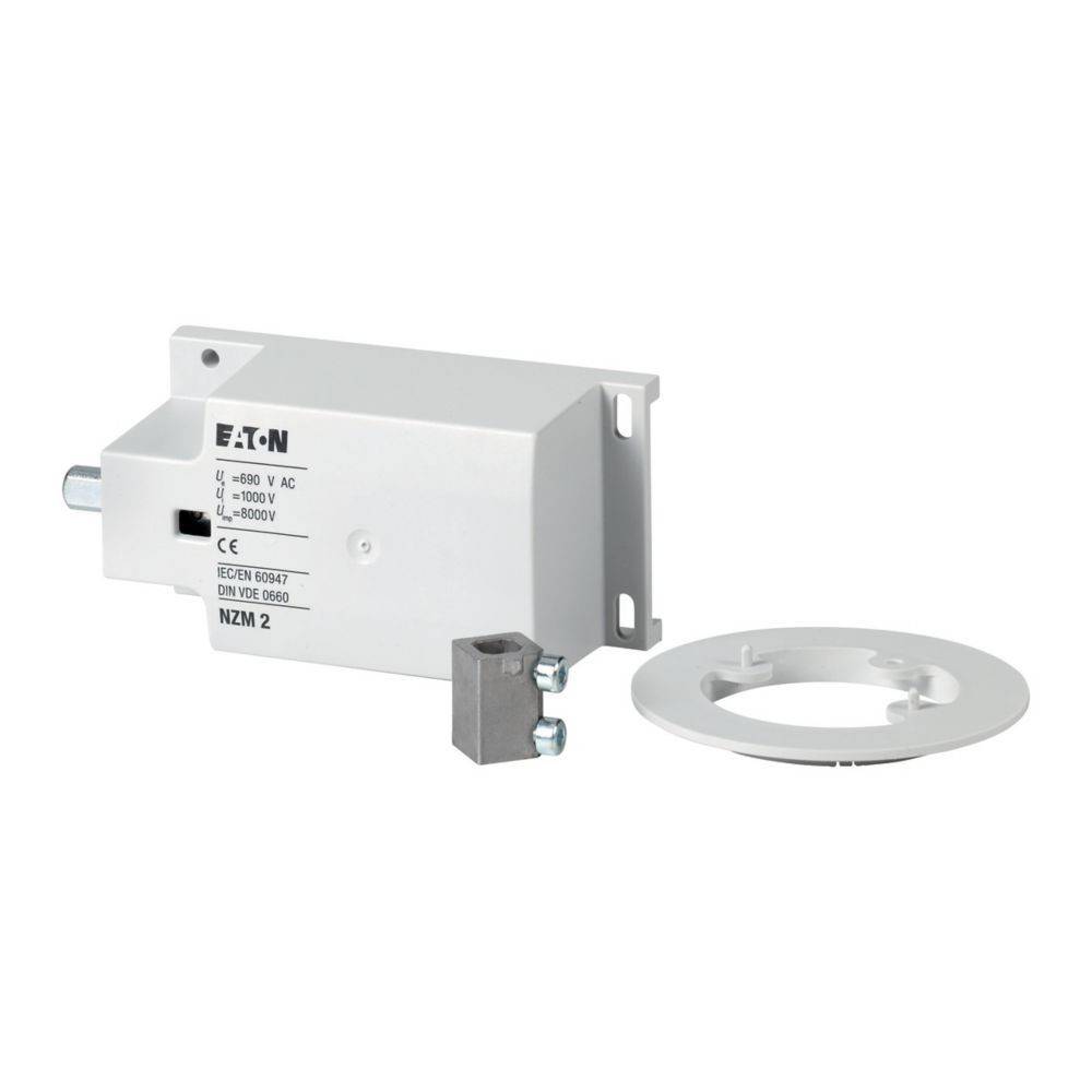 Weißer Eaton NZM 2 elektrischer Schalterzubehör, mit einem rechteckigen Gehäuse und hervorstehendem Metallhebel, versehen mit einer runden Montageplatte.