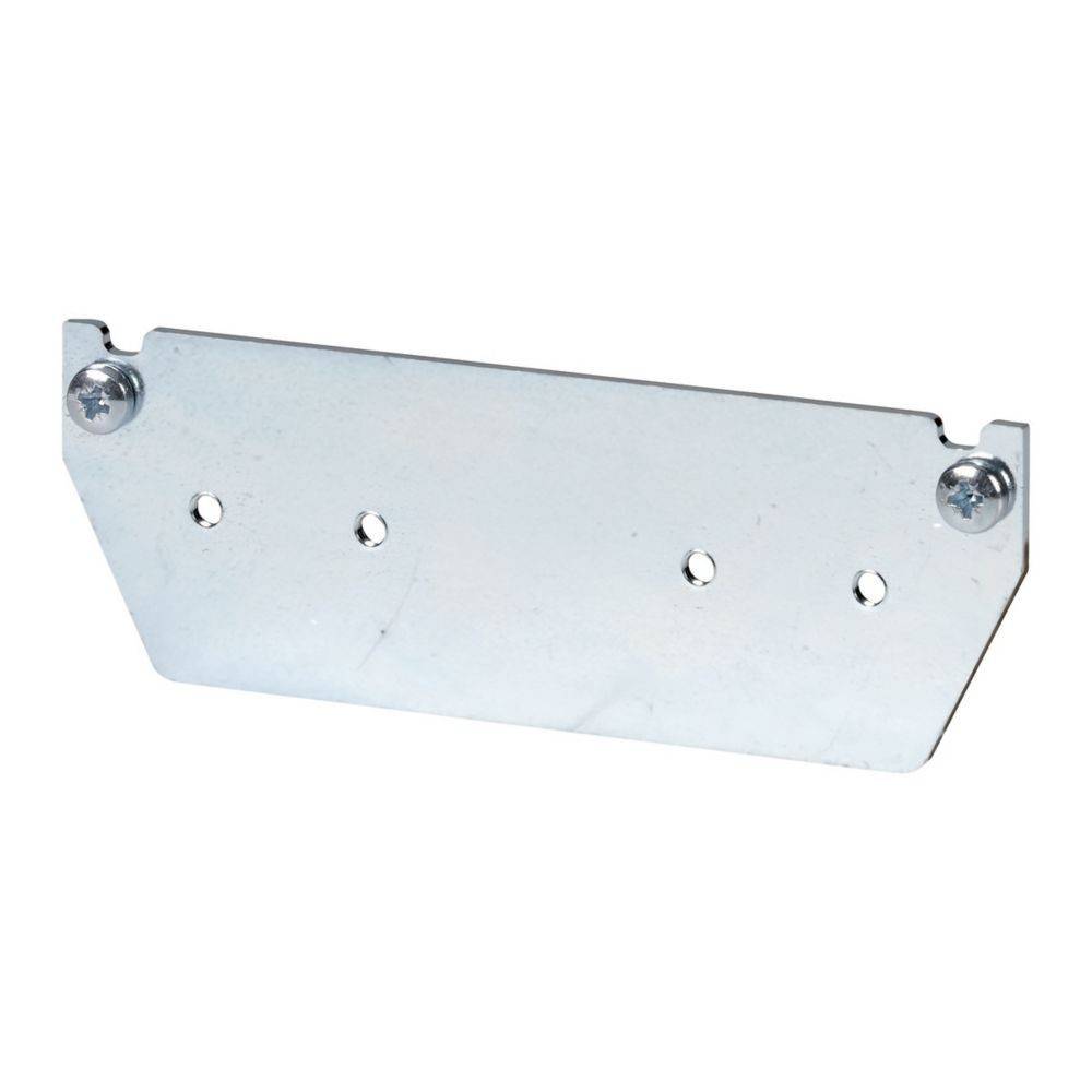 Metallhalterung mit vier Schraublöchern, verwendet zum Befestigen von Ausrüstung oder Komponenten. Rechteckig mit abgeschrägten Ecken, silberfarben.