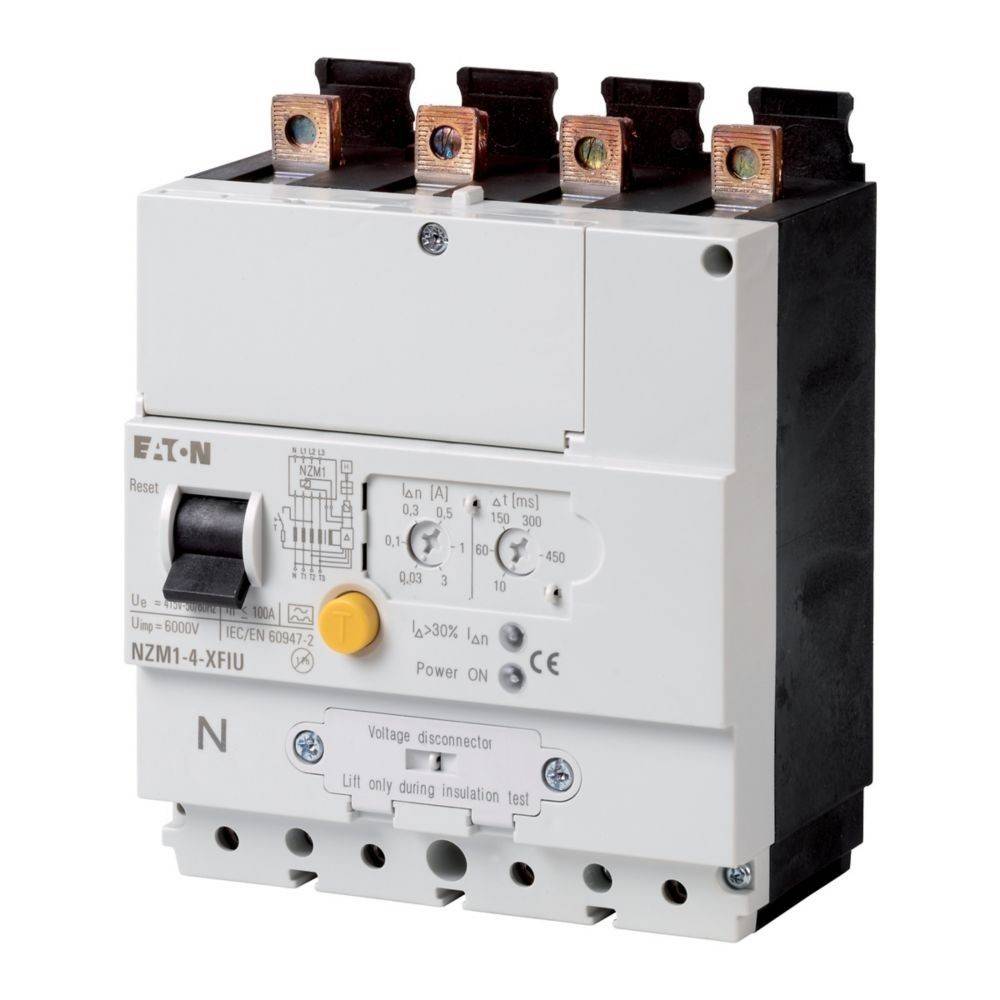 Ein Nahaufnahme-Bild eines Eaton NZM1-4-XFIU Leistungsschalters, der Schalter und Anzeigen zeigt, der für elektrische Sicherheit und Steuerung verwendet wird.