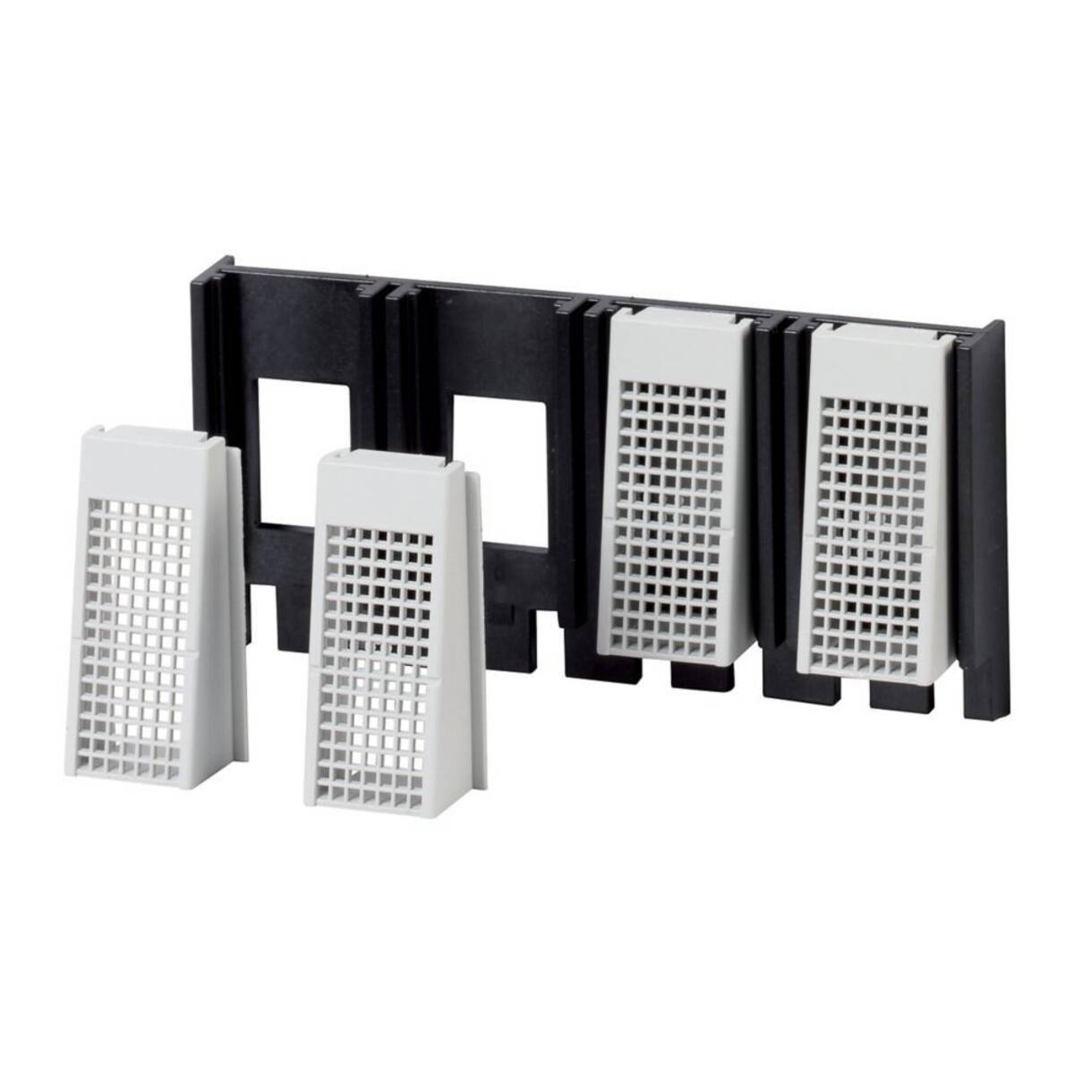 Ein schwarzer und weißer Kunststoff-Verbindungsstecker mit vier Schlitzen und abnehmbaren gitterartigen Abdeckungen, der für modulares Bauen oder Konstruktionen verwendet wird.