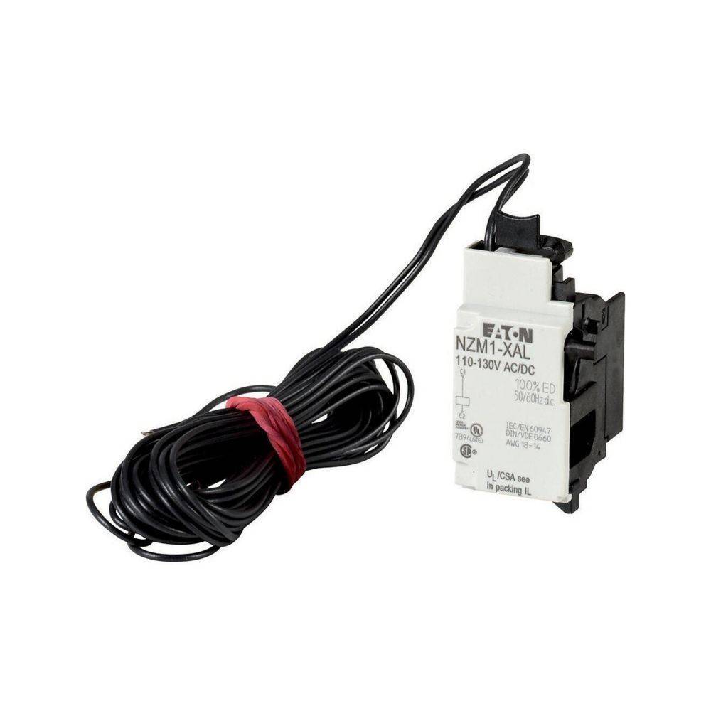 Elektrischer Schalter mit schwarzen Kabeln, beschriftet mit E-T-N, NZM1-XAL, 110-130V AC/DC, 50/60Hz, UL gelistet. Geeignet für industrielle Anwendungen.