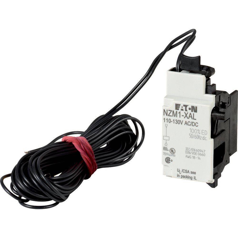 Ein weißer und schwarzer elektrischer Schalter mit der Beschriftung 'Eaton NZM1-XAL', versehen mit einem langen schwarzen Kabel, ausgelegt für 110-130V AC.