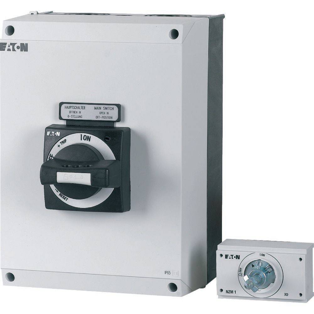 Elektrische Schaltanlage von 'Eaton' mit einem Hauptschalter, der mit '10N' gekennzeichnet ist, auf einem rechteckigen Panel. Kleinere Komponente daneben zur Größenvergleichung.