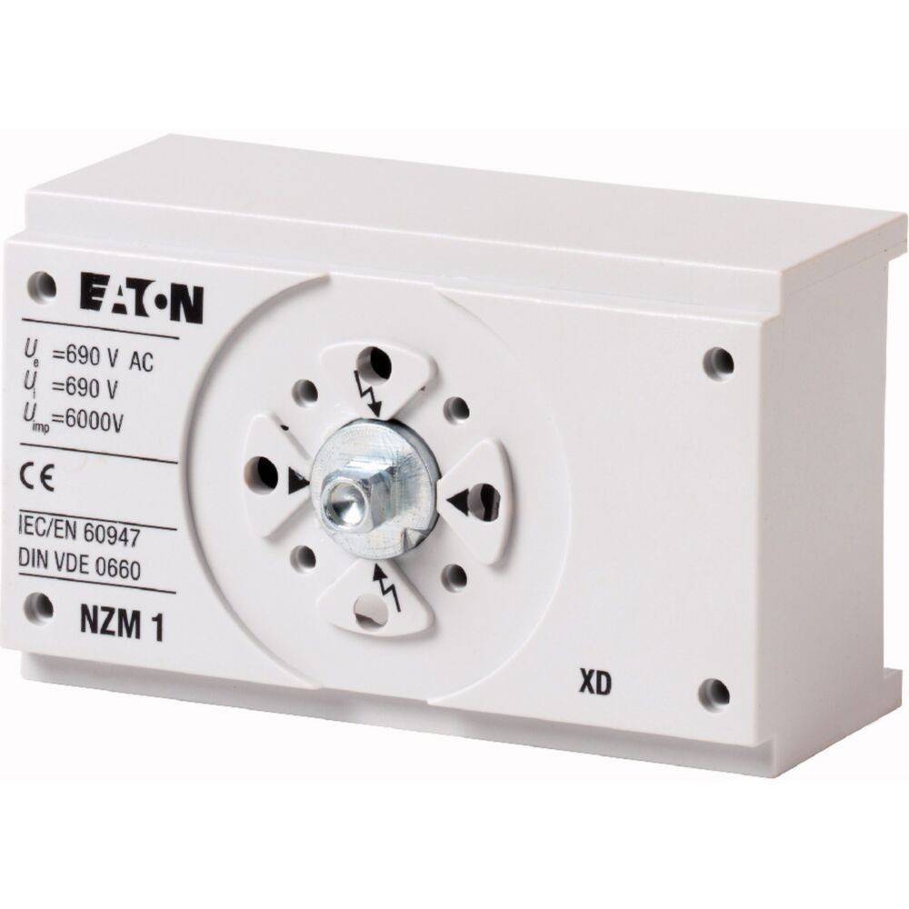 Sicherungsgehäuse mit Beschriftung 'EATON' mit Spezifikationen: 690V AC, IEC/EN 60947, DIN VDE 0660, NZM 1 und Sicherheitssymbolen.