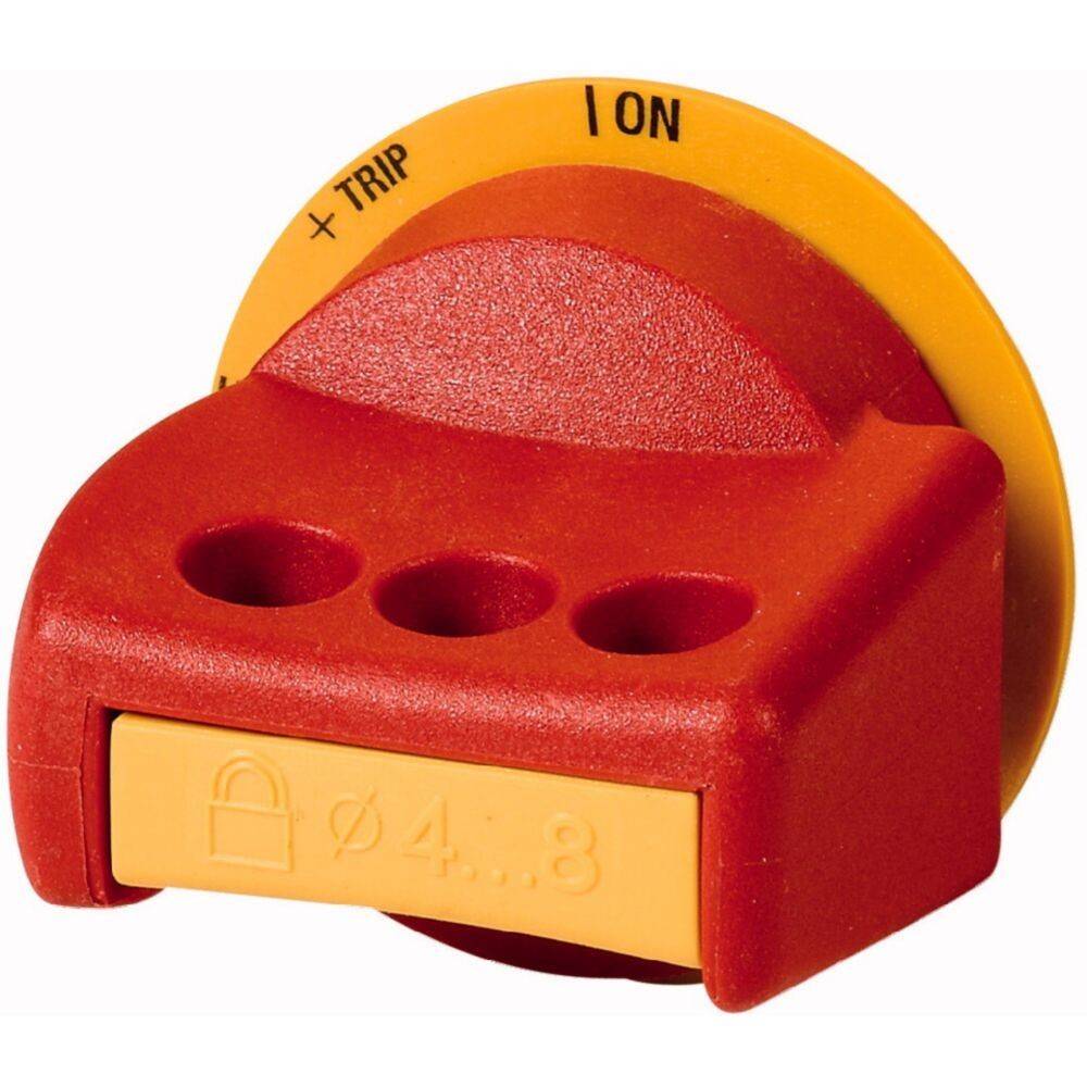 Rot-gelber Elektroschalterknopf mit Symbolen für Auslösung und Ein, und einem Verschlussetikett mit einem Durchmesser von 4 bis 8.