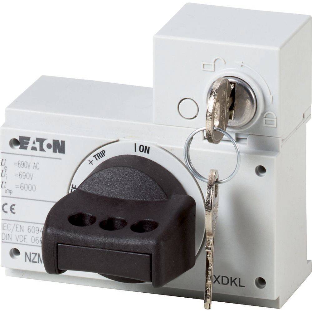 Ein Sicherungsautomat mit Schloss- und Schlüsselmechanismus, mit der Bezeichnung 'Eaton', der zur elektrischen Sicherheit verwendet wird, um unbefugten Zugang zu verhindern.