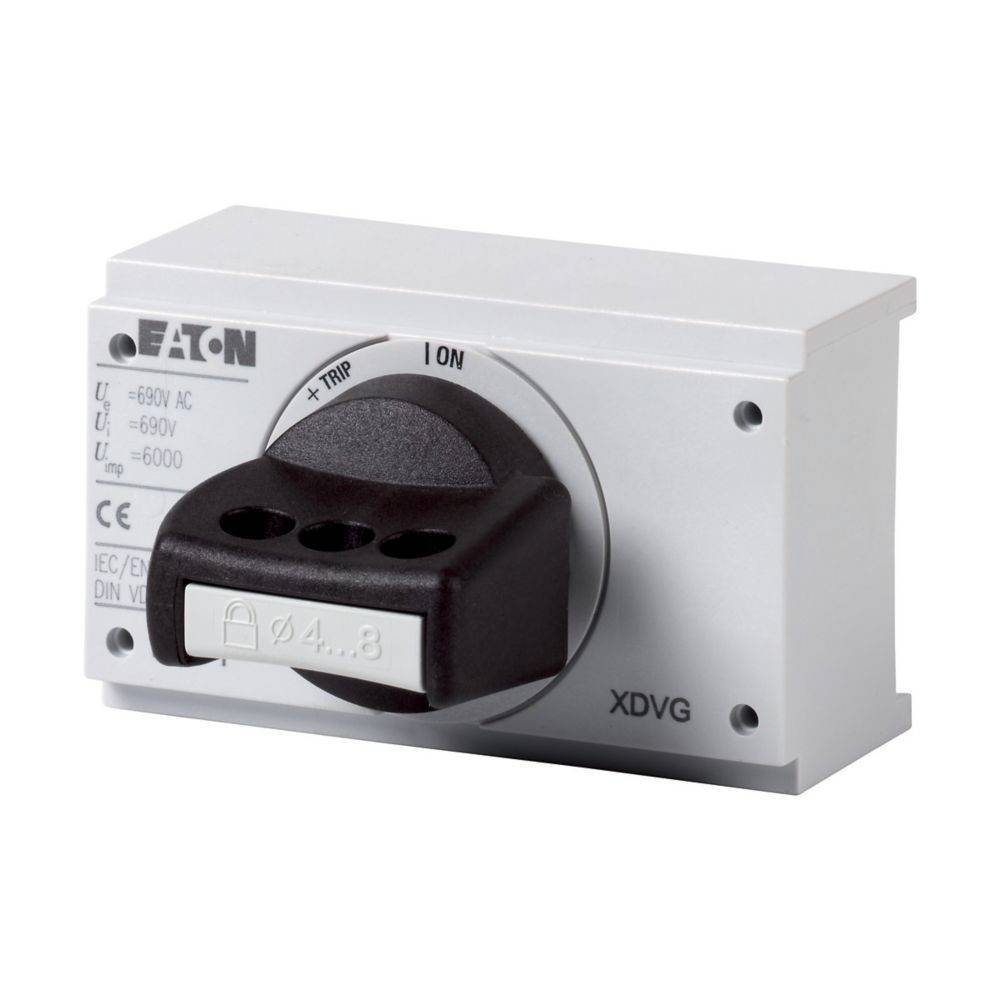 Eaton XDVG Drehschalter, 690V AC, mit beschrifteten Positionen: Auslösen, Ein. Weißes Gehäuse mit Knopf zur Stromsteuerung.