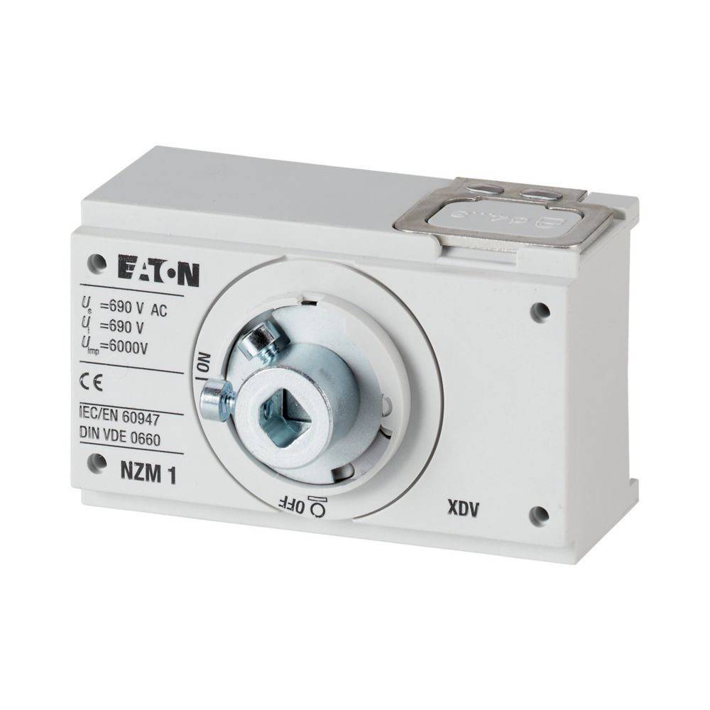 Ein weißer Eaton-Drehschalter mit kreisförmigem Wahlschalter für die Positionen 'EIN' und 'AUS', ausgelegt für 690V AC und 6000V. Modell: NZM 1.