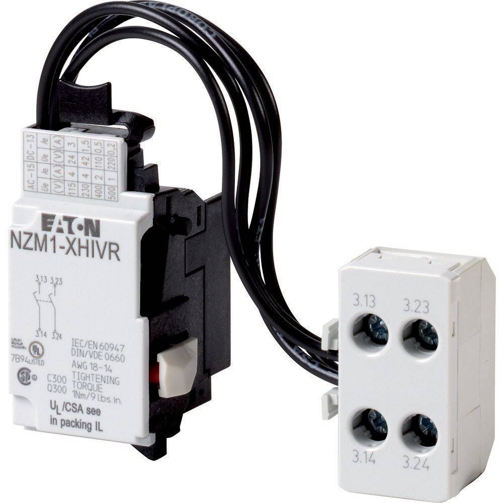 Eaton NZM1-XHIVR Hilfsschalter mit Verdrahtung, IEC/EN 60947 zertifiziert, zeigt Modellspezifikationen und Klemmverbindungen.