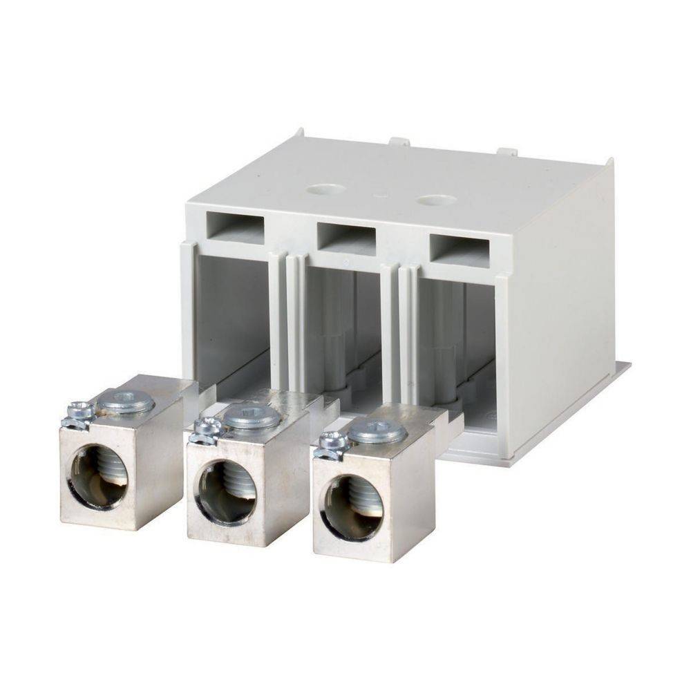 Elektrische Anschlussklemme mit drei Metallverbindern, die vorne ausgerichtet sind und in einem grauen rechteckigen Gehäuse untergebracht sind.