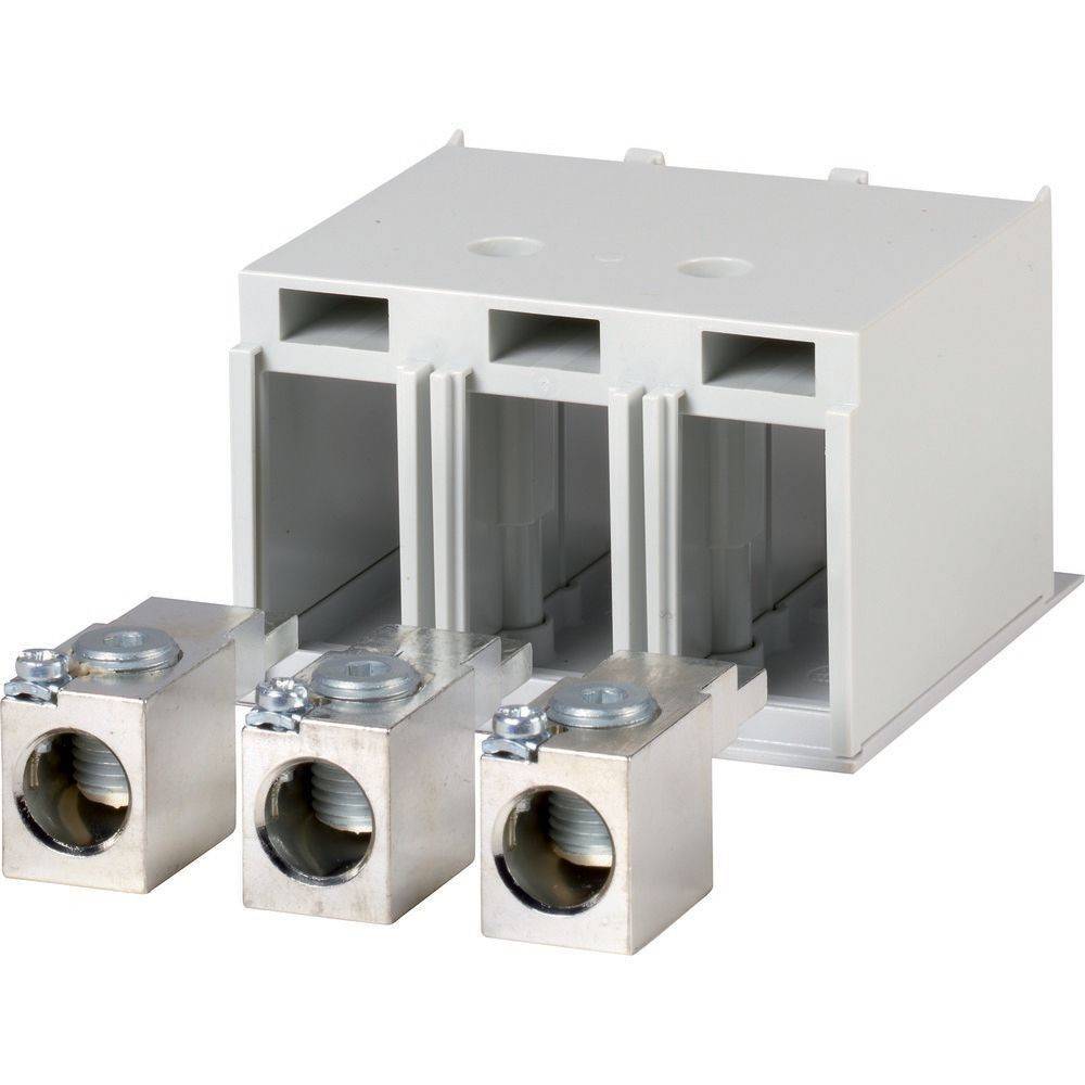 Ein dreiadrige elektrische Verbindungseinheit mit drei metallischen Anschlüssen im vorderen Bereich, die zum Sichern und Verteilen von elektrischen Leitungen verwendet wird.