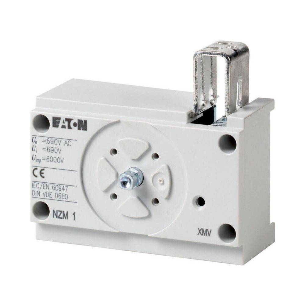 Eaton NZM 1 XMV Zubehör; Spannungswerte: 690V AC, 690V, 6000V; Konformitätszeichen: CE, IEC; weiße Gehäuse mit Metallkomponente.
