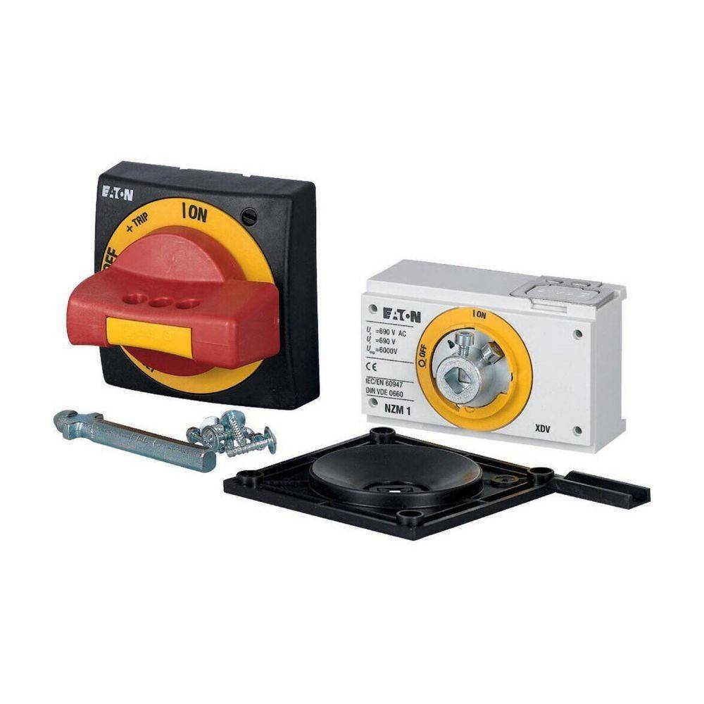 Rotary-Schalter mit Zubehör, einschließlich Befestigungsschrauben und Grundplatte. Entwickelt für Sicherheit und Steuerung in elektrischen Systemen.