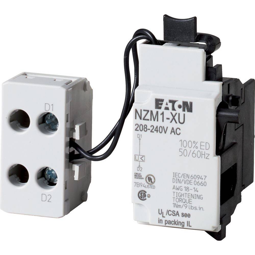 Eaton NZM1-XU' Motorstarter-Einheit mit zwei Anschlüssen, beschriftet mit D1 und D2, ausgelegt für 208-240V AC, in Nahaufnahme dargestellt.