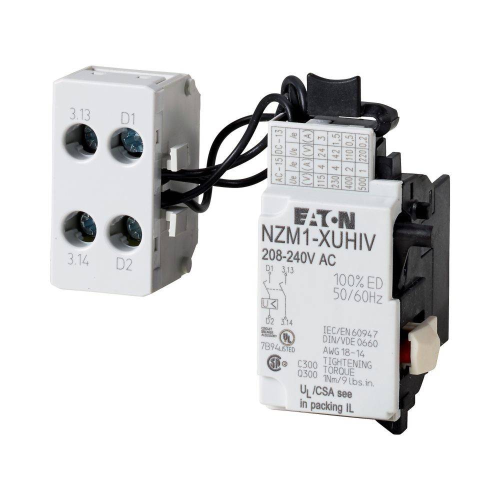 Eaton NZM1-XUHIV Elektrokomponente, mit einer Nennspannung von 208-240V AC, verfügt über drei Anschlusseingänge und technische Spezifikationen an der Seite.