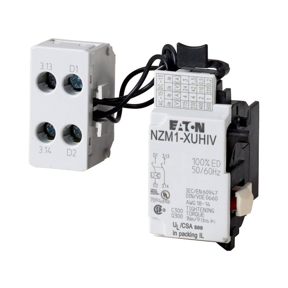 Eaton NZM1-XUHI(V)' elektrisches Zubehör mit mehreren Steckplätzen, Verdrahtung angeschlossen, gekennzeichnet für 100% ED, 50/60 Hz Nutzung.