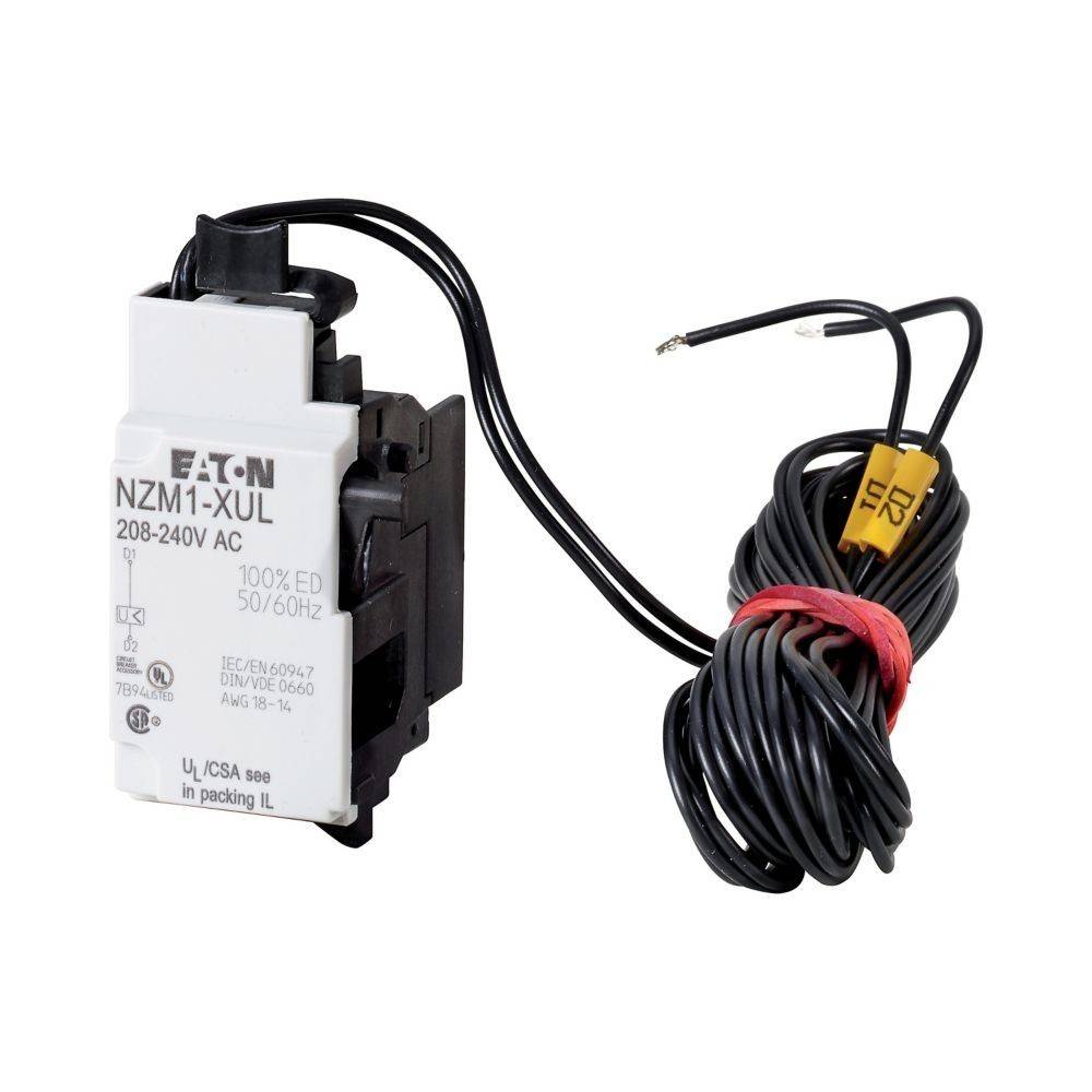 EATON NZM1-XUL' AC-Schalter mit einem schwarzen Spiralkabel, gekennzeichnet mit 208-240V, 50/60Hz, mit Zertifizierungszeichen und technischen Spezifikationen.