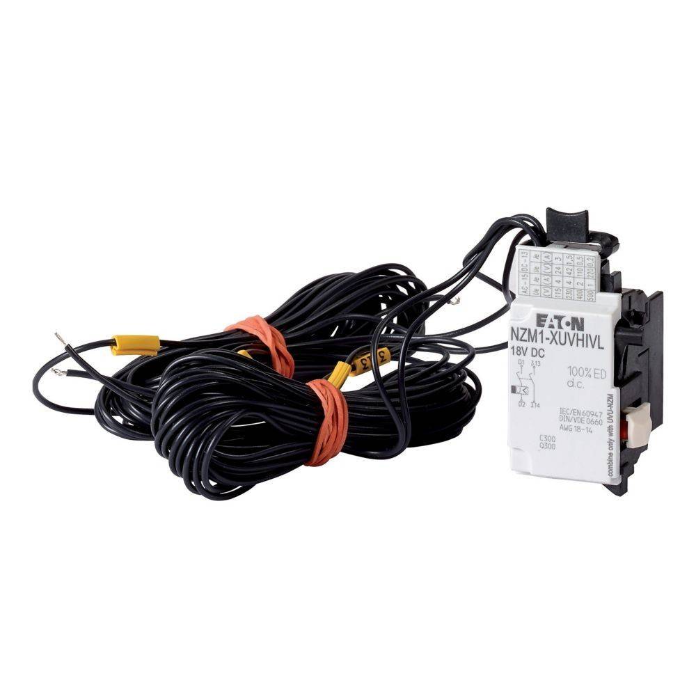 18V DC Eaton NZM1-XUVHIVL Leitungsschutzschalter-Zubehör mit aufgewickelten schwarzen Kabeln, geeignet für elektrische Anwendungen.