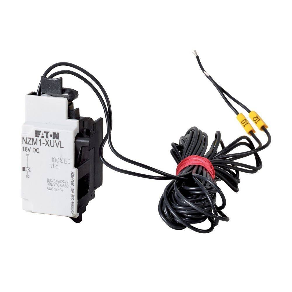 Eaton NZM1-XUVL 18V DC' elektrisches Zubehör mit angeschlossenen schwarzen Leitungen und einem gelben Etikett, verwendet für Schaltungsanwendungen.