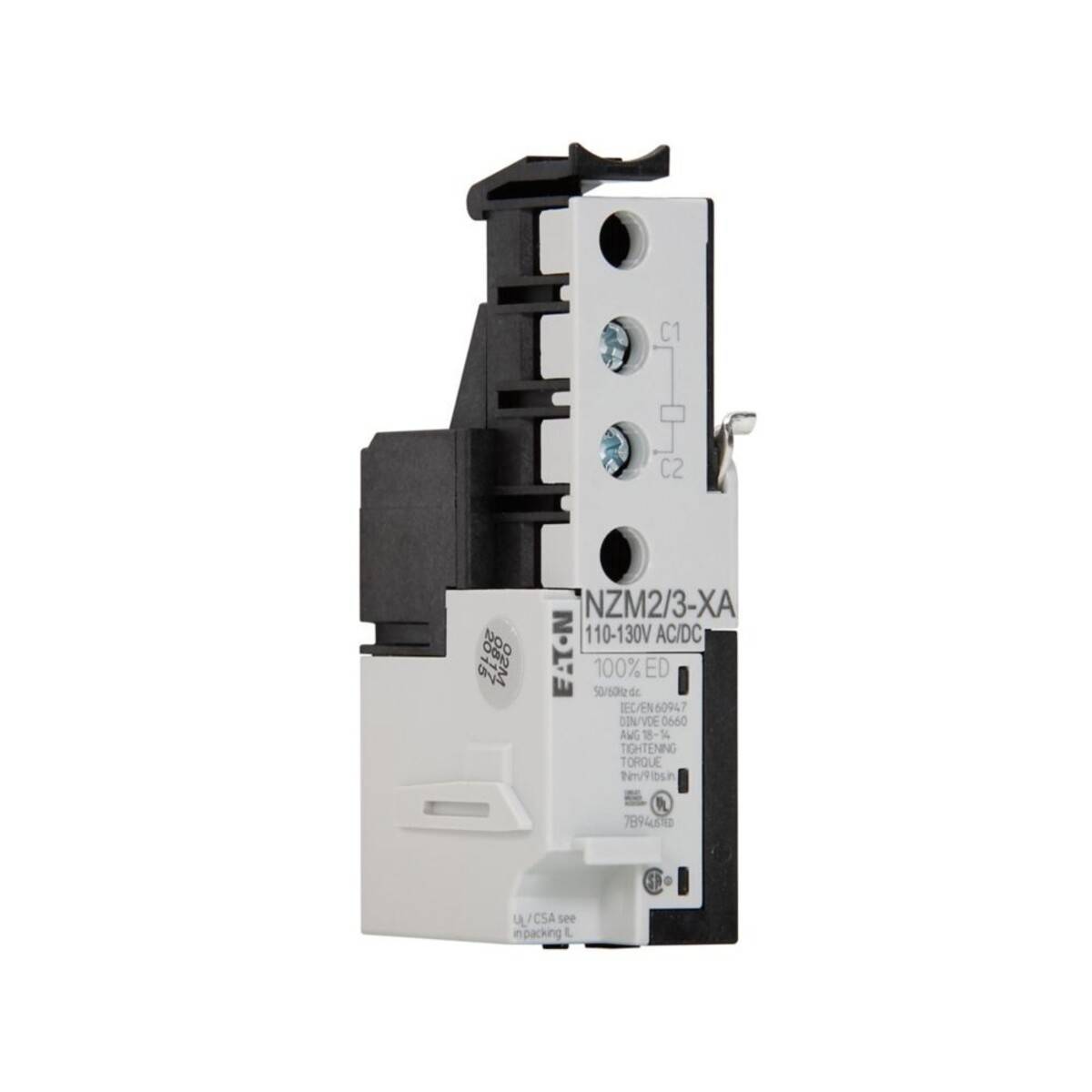 Eine weiße und schwarze elektrische Komponente mit der Beschriftung 'NZM2/3-XA 110-130V AC/DC' mit zwei Anschlussports und sichtbaren Schrauben.