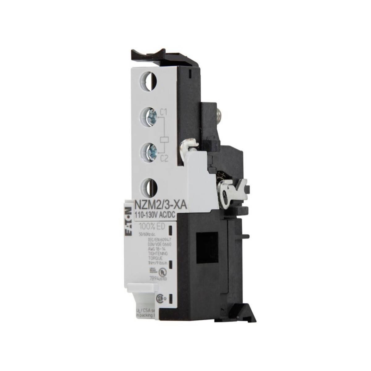Kompakter Leistungsschalter von Eaton, Modell NZM2/3-XA, ausgelegt für 110-130V AC/DC. Merkmale umfassen C1- und C2-Anschlusspunkte.