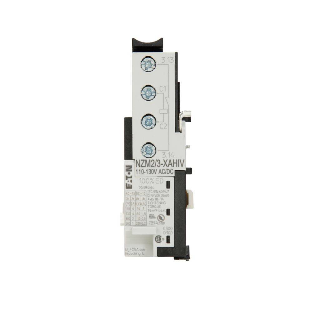 Eaton NZM2/3-XAHIV Leitungsschutzschalter-Zubehör, ausgelegt für 110-130V AC/DC, mit sichtbaren Montageinzelheiten und Anschlusspunkten.