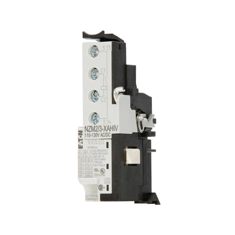 Leitungsschutzschalter-Zubehörmodul mit Anzeige der Klemmen, Modell 'NZM2/3-XAHIV', ausgelegt für 110-130V AC/DC.