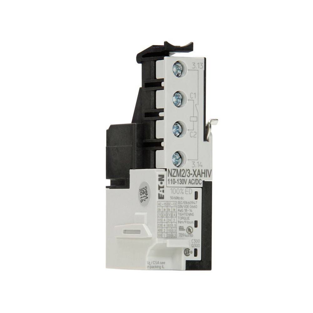Ein Leistungsschalter mit der Bezeichnung 'NZM2/3-X4HIV' für 110-130V AC/DC, ausgestattet mit mehreren Anschlussslots und einem schwarzen Montagebügel.