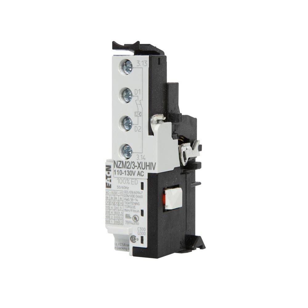 Eaton NZM2/XU-HIV' Relaismodul, bewertet mit 110-130V AC, mit drei sichtbaren Anschlusspunkten, die auf dem weißen Panel mit D0, D1, D2 gekennzeichnet sind.
