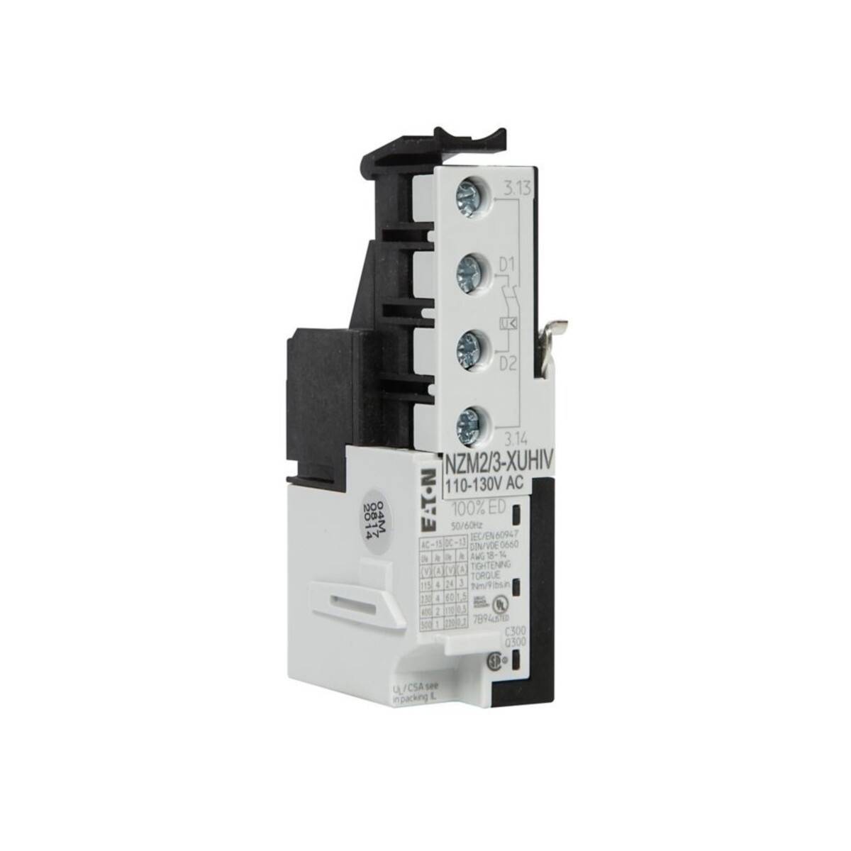 Eine weiße und schwarze elektrische Komponente mit der Beschriftung 'NZM2/3-XUHIV 110-130V AC'. Sie verfügt über mehrere Anschlüsse und technische Details.